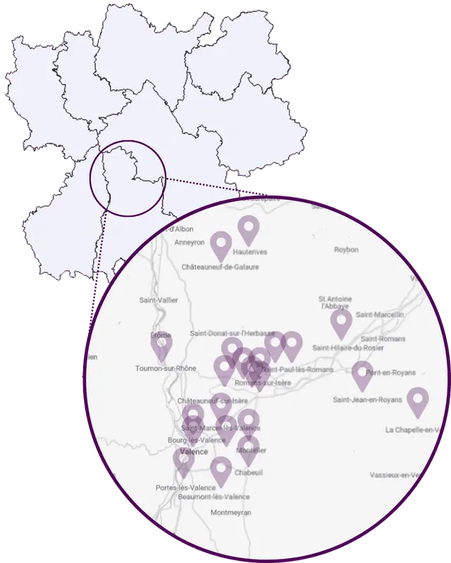 Carte de la zone d'intervention DLS Façade autour de Romans-sur-Isère