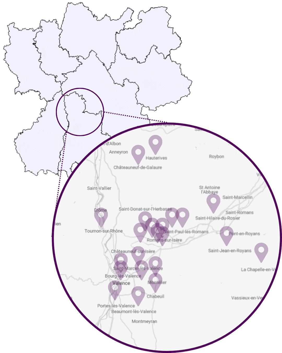 Carte de la zone d'intervention DLS Façade autour de Romans-sur-Isère